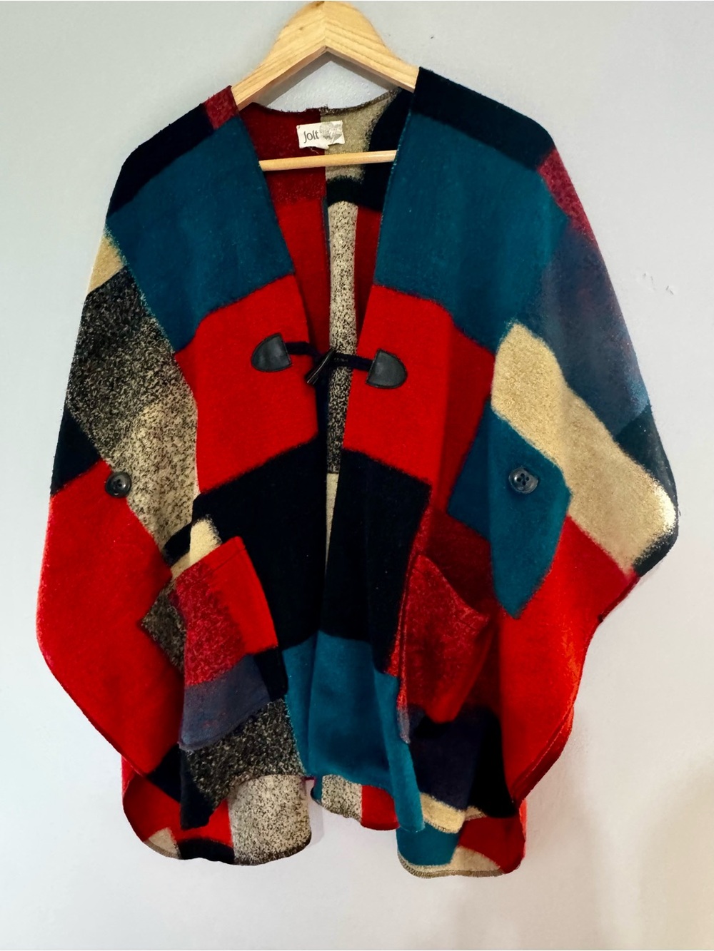 Jolt Patchwork Wool Cape Poncho Fall Oversized Jacket - Red Teal Cream Black